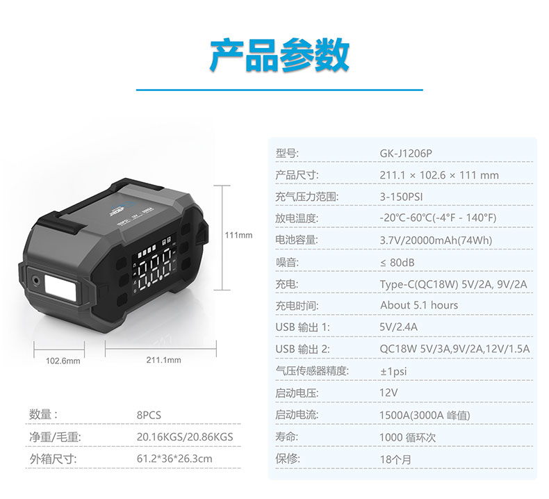 汽车应急启动电源-格睿铠铂GK-J1206P,12v/3000A 充气搭电宝  第2张