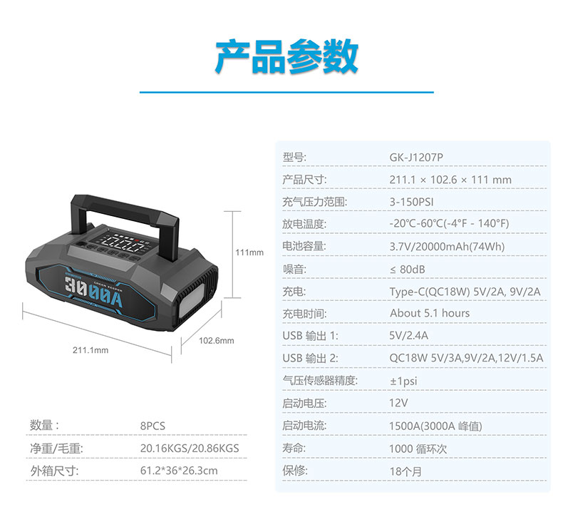 汽车应急启动电源-格睿铠铂GK-J1207P,12v/3000A 打火搭电神器  第2张